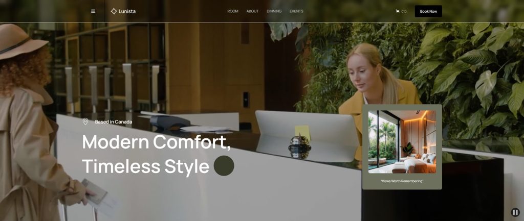 Picture of Lunista, one of the best hotel booking website templates with social links.