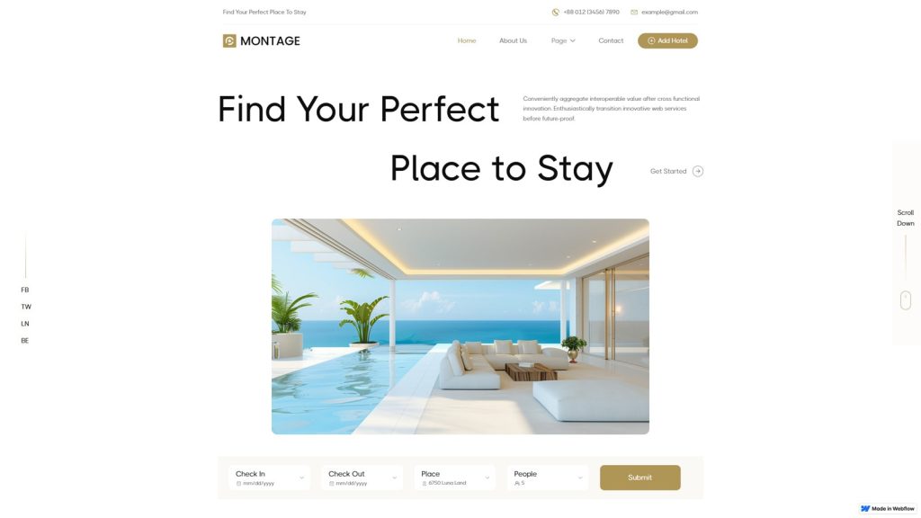 Snapshot of Montage, a Webflow-optimized hotel website template with an integrated blog and gallery.