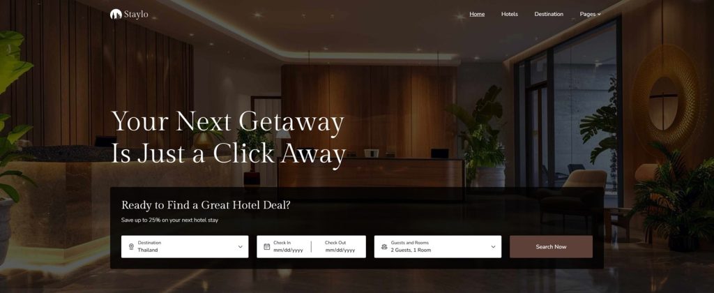 Photograph of Staylo, an elegant and mobile-ready hotel website design with multiple customizable sections.