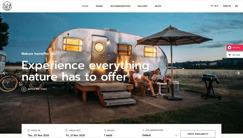 Photograph of Kamperen, one of the top camping website templates for WordPress, with accommodation availability filtering.