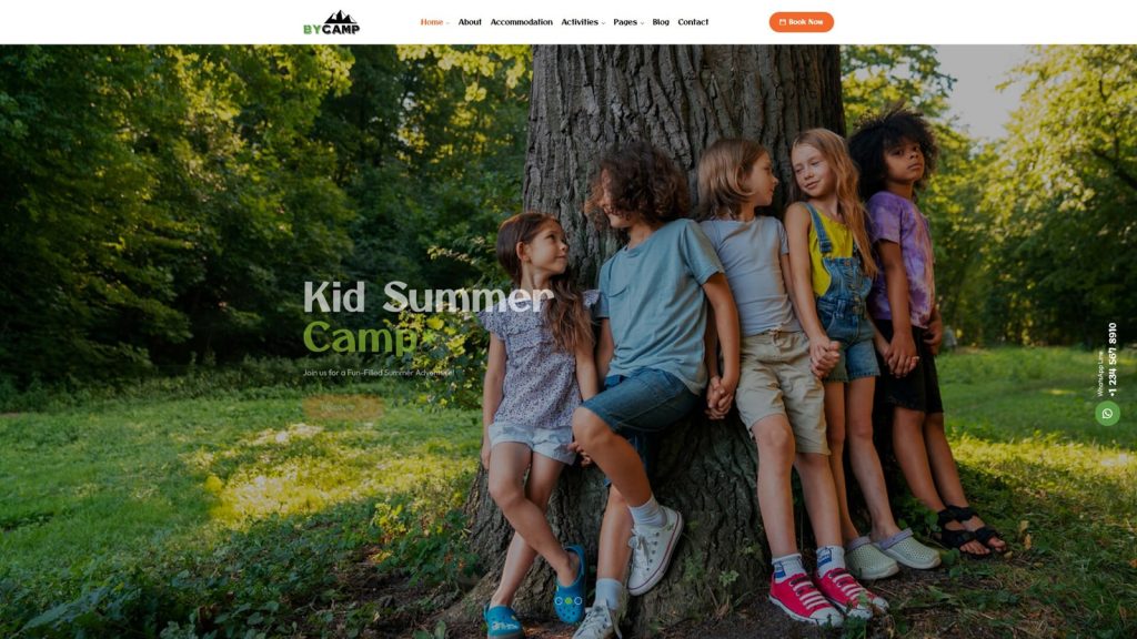 Graphic of BYCAMP, one of the top camping website templates for WordPress with activities and Blog pages.