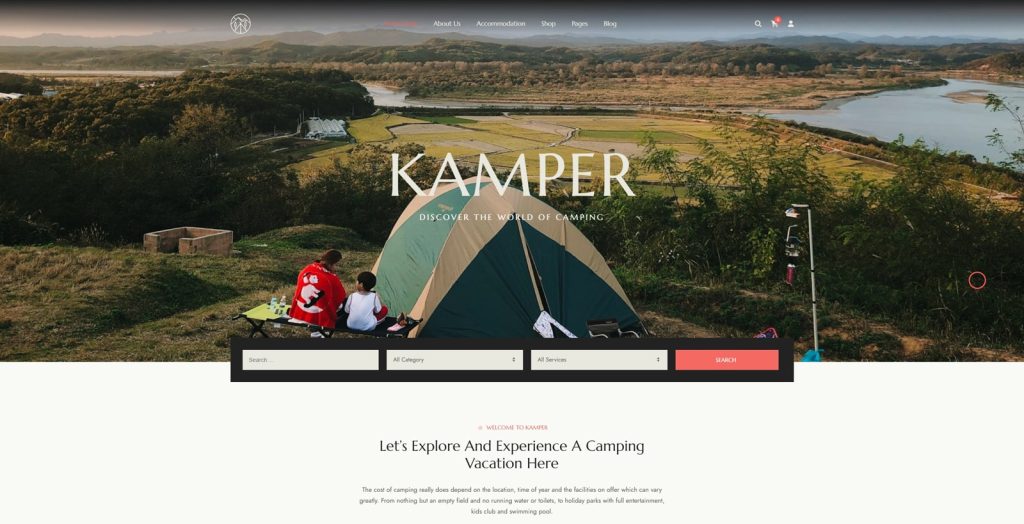 Illustration of Kamperen, one of the top camping website templates for WordPress with eCommerce-ready product pages.