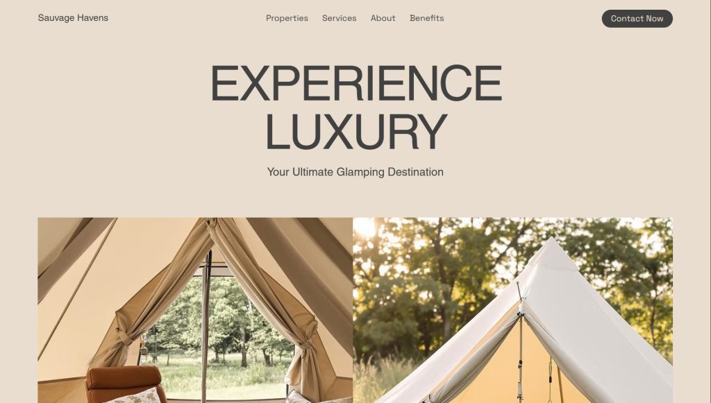 Figure of Sauvage Havens, a reliable camping template for Wix with a built-in accommodation gallery.