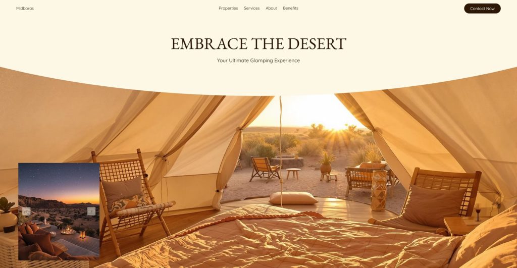 Picture of Midbaras, one of the top camping website templates for Wix, with editable content sections.