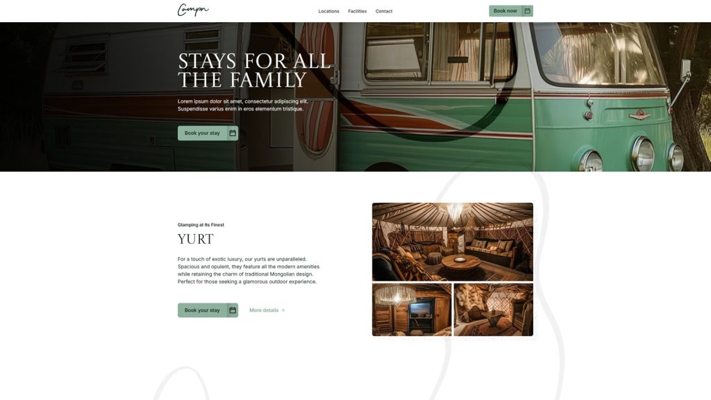 Snapshot of Campn, a stunning camping website template for Webflow with smooth transitions and animations.