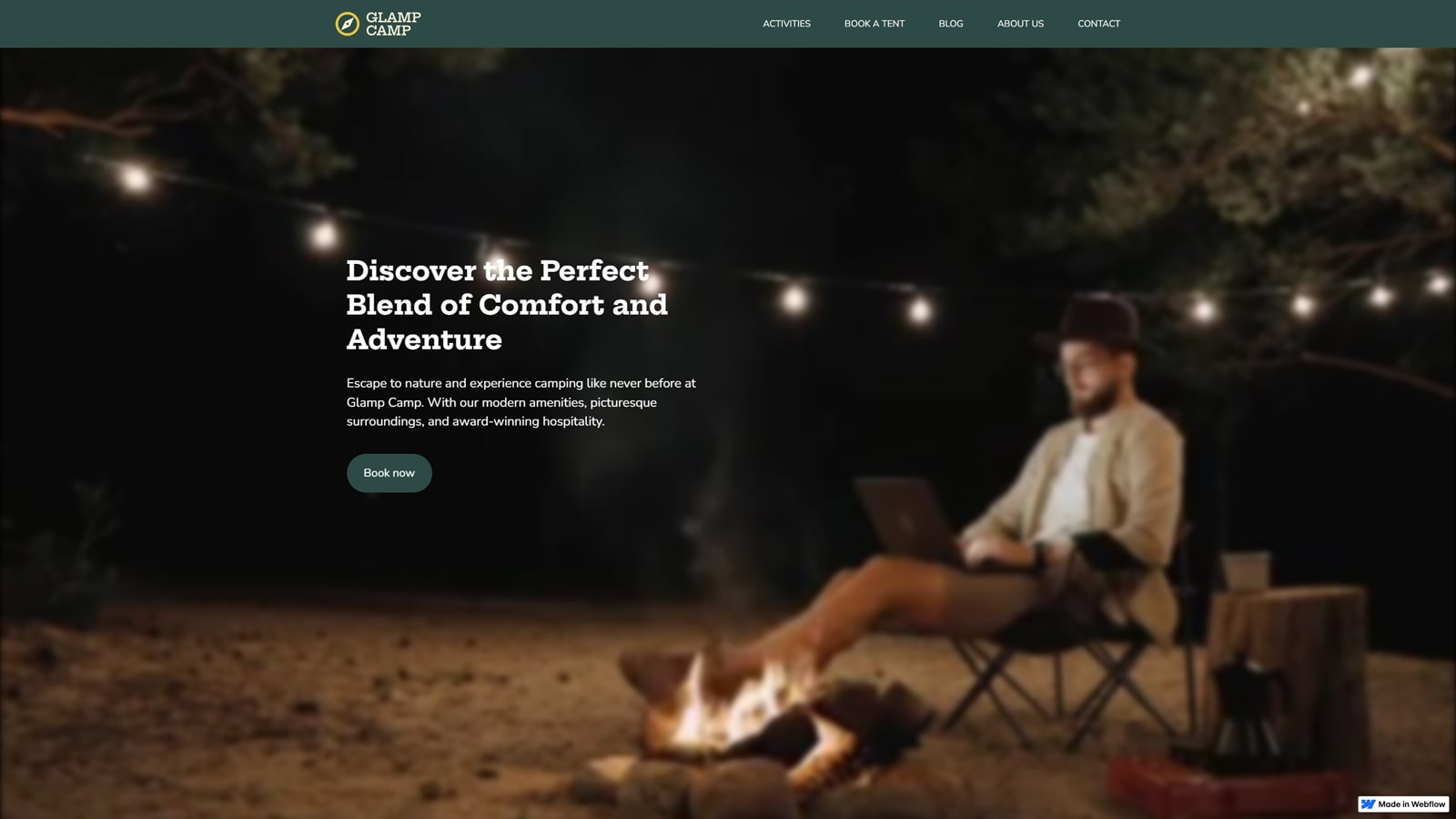 View of Glamp Camp, one of the top camping website templates for Webflow with built-in blog & CMS functionality.
