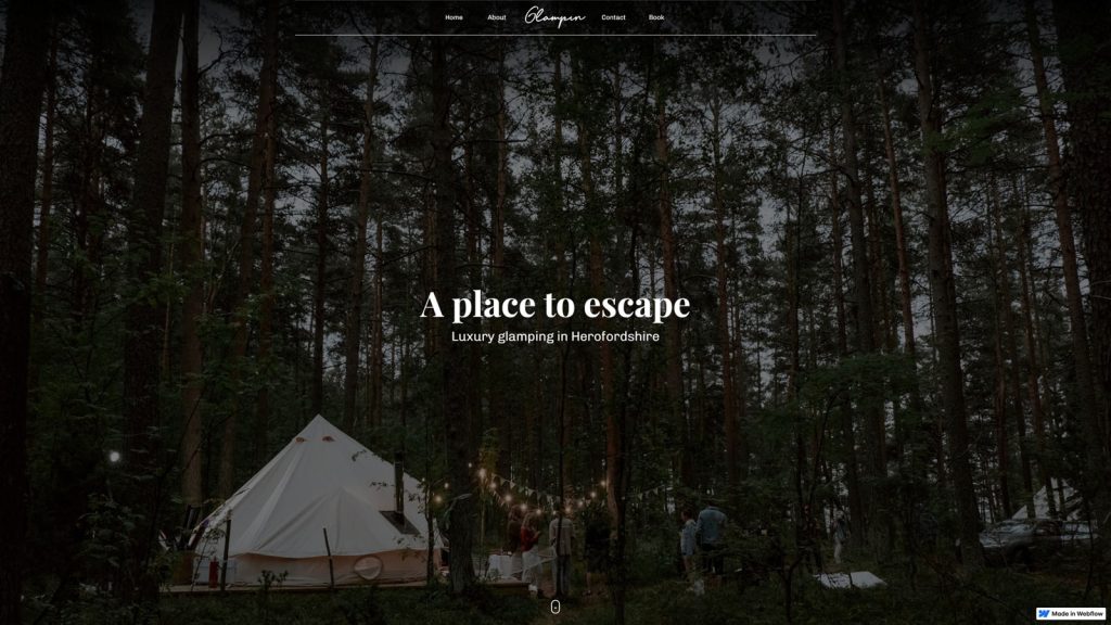 Image of Glampin, one of the top camping website templates for Webflow, with a fullscreen homepage banner.