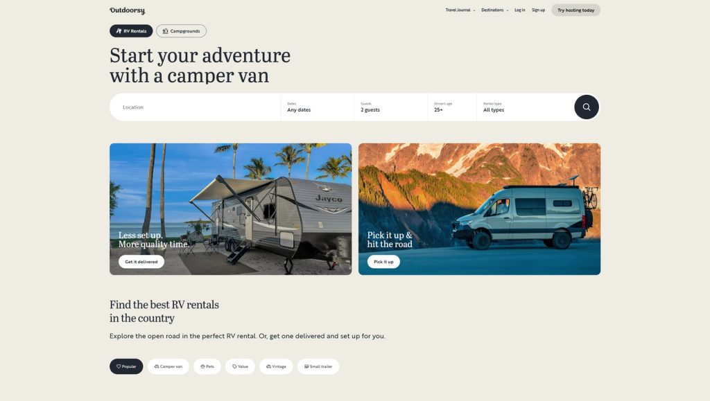 Picture of the Outdoorsy website, shown as an example in the comparison between Outdoorsy vs RVShare.