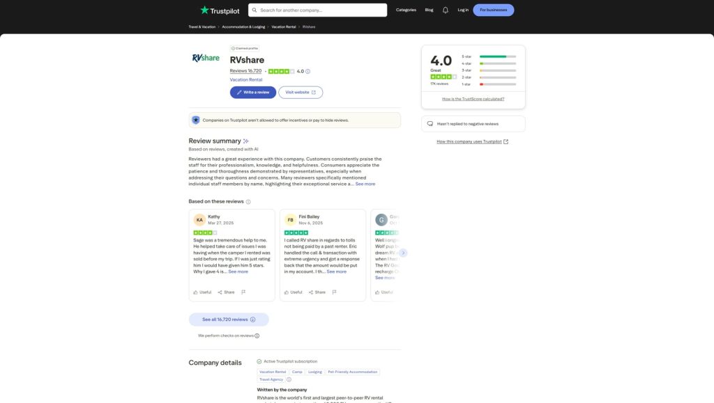 Illustration of Trustpilot reviews of RVshare used in the comparison of Outdoorsy vs RVShare.