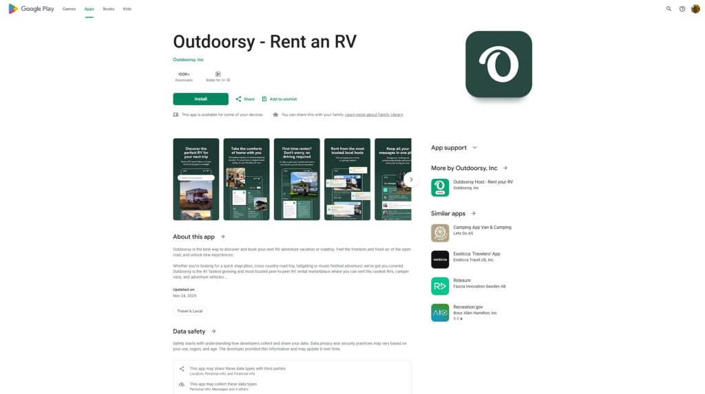 Image of the Outdoorsy mobile app page as shown in the Google Play store.