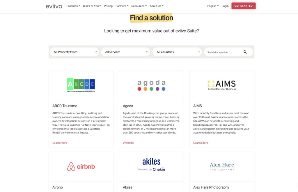Screenshot of the eviivo partners page.