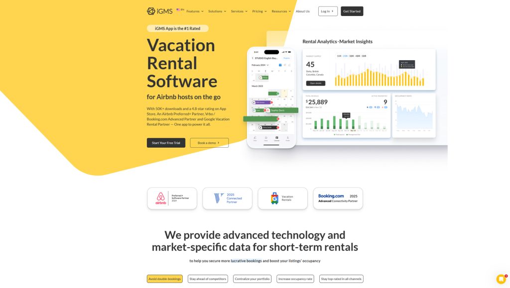Graphic of iGMS, a short-term rental management platform with a direct booking system. Photograph of Smartness, one of the top-notch vacation rental management software options, with multi-user access level support.
