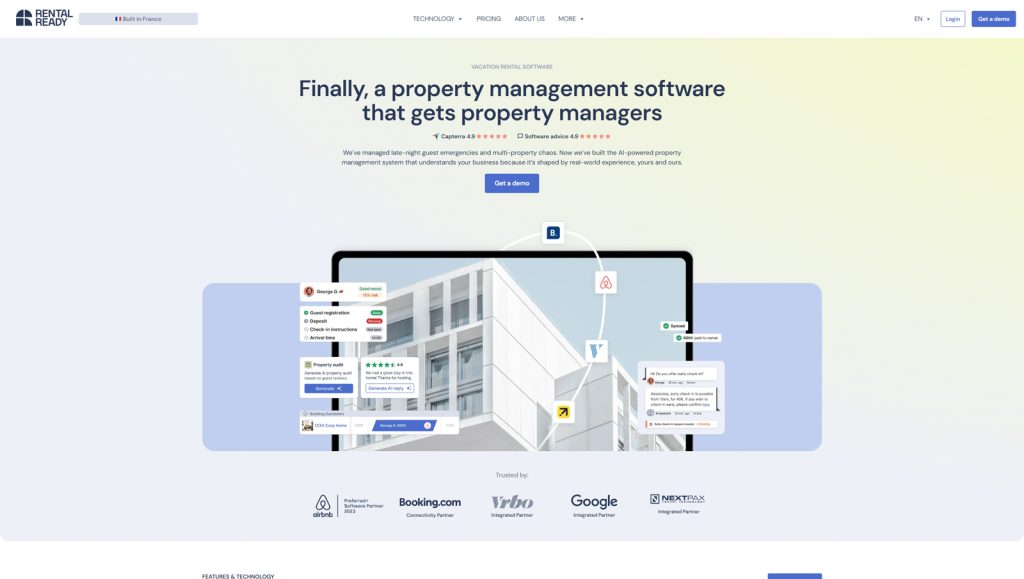 Representation of RentalReady, a top-rated solution for vacation rentals with personal customer support.