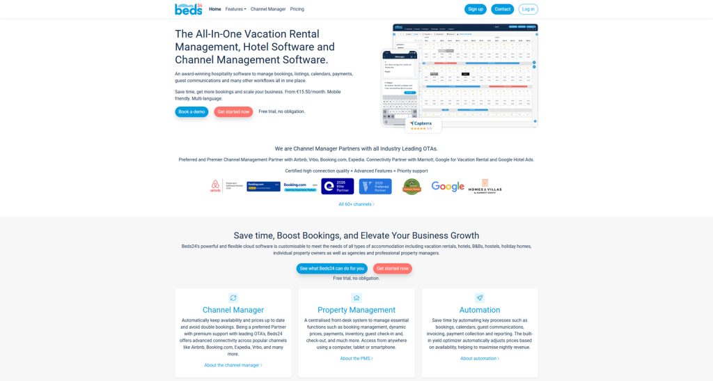 Snapshot of Beds24, a reliable platform for managing vacation rentals with secure payment processing and collection.