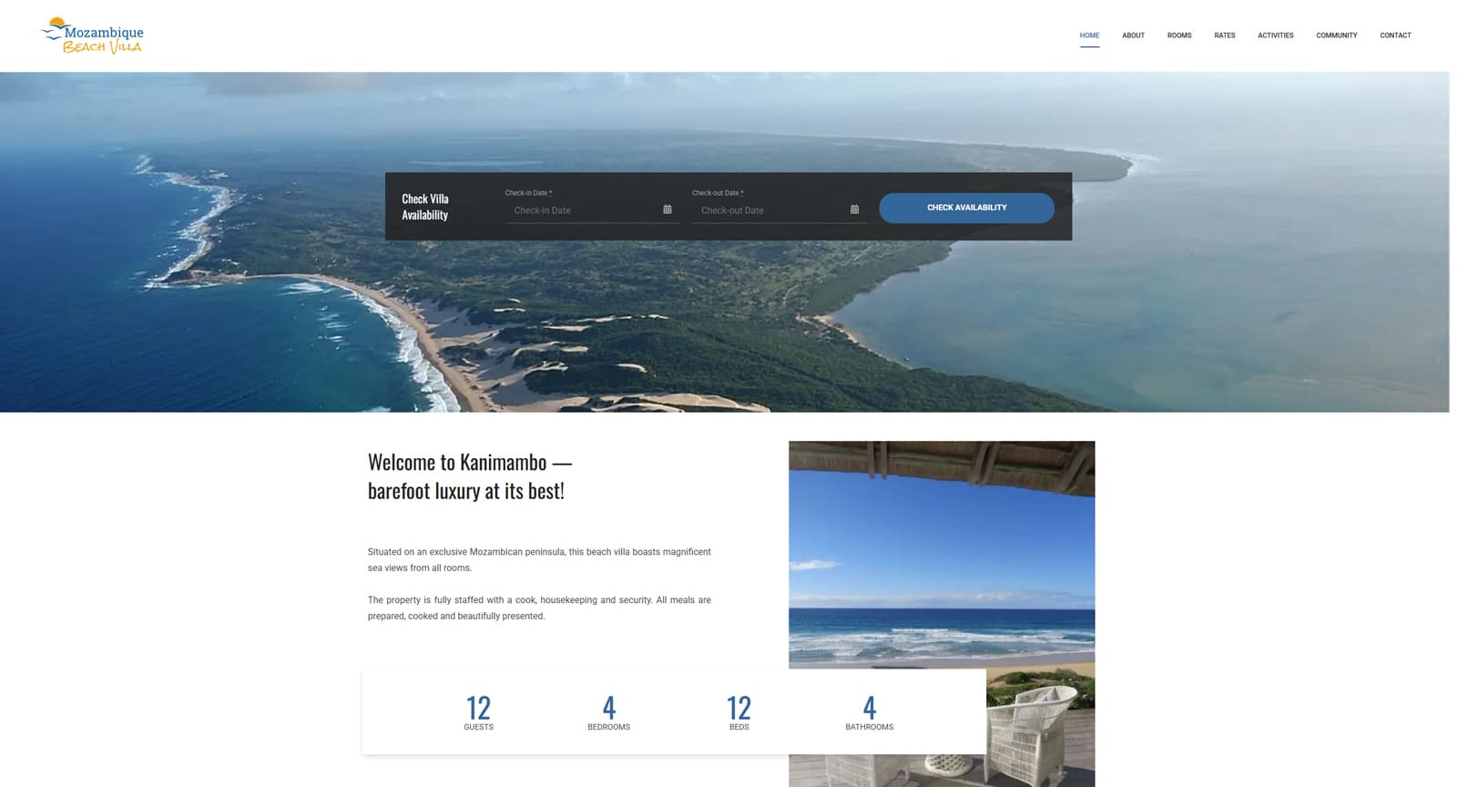 Picture of Mozambique Beach Villa, a WordPress website for vacation rentals with a full-width site layout.