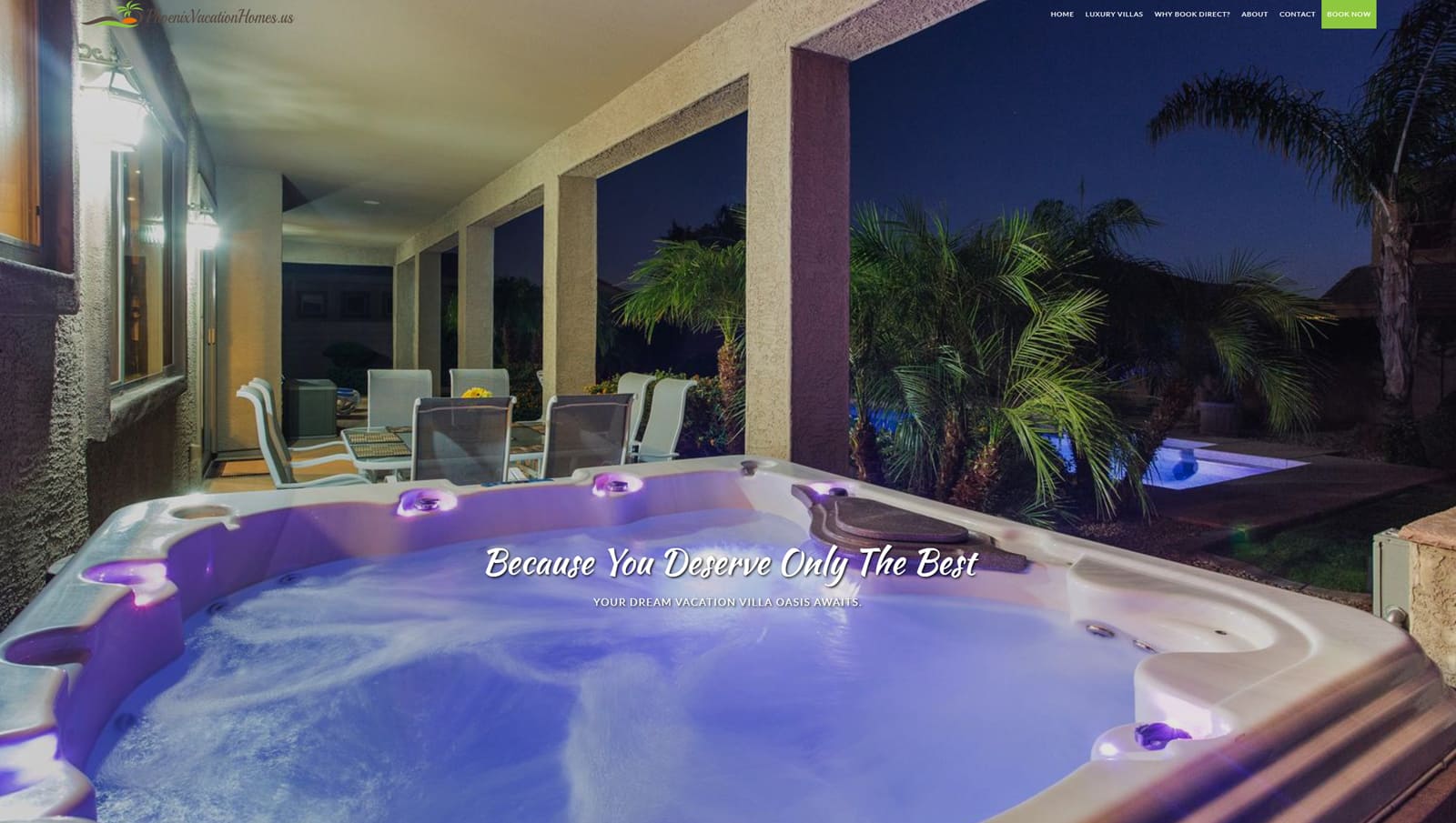 Graphic of Phoenix Vacation Homes, one of the best vacation rental website examples, with a sticky header for quick navigation.
