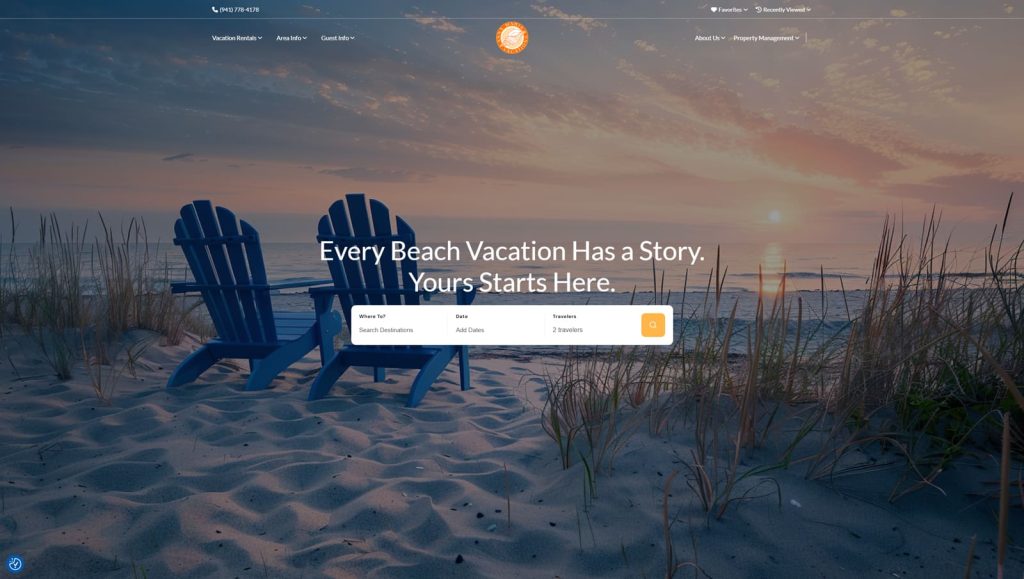 Representation of Anna Maria Vacations, one of the best vacation rental website examples, with a property management portal for owners.