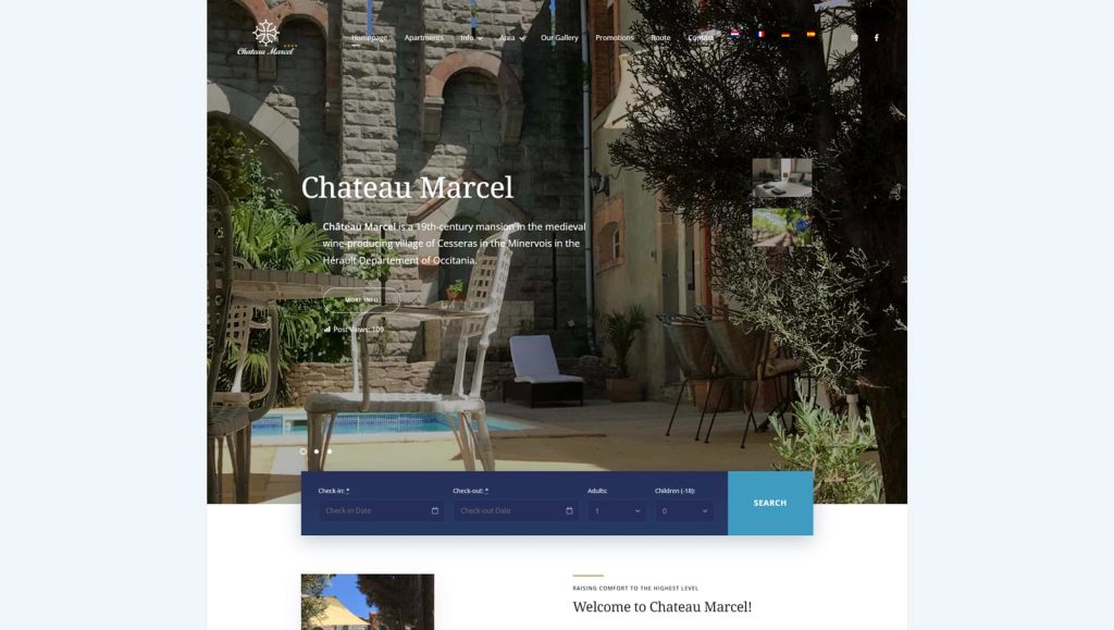 Graphic of Chateau Marcel, a feature-rich vacation rental website with a multilingual interface.