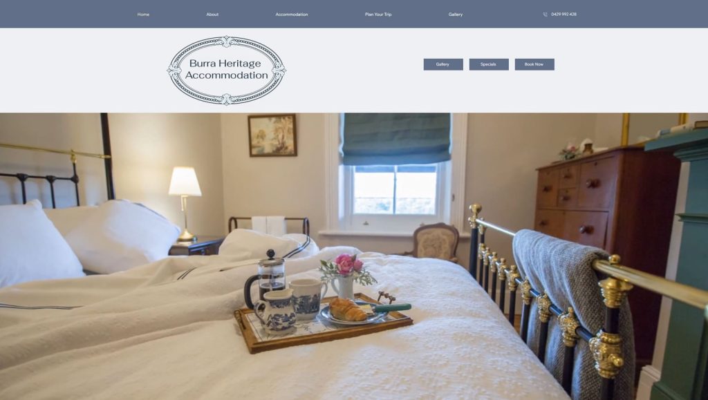 Visual of Burra Heritage Accommodation, one of the best vacation rental website examples, with 3 diverse galleries.