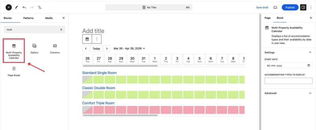 Screenshot of how to add BNBForms multi-property availability block.