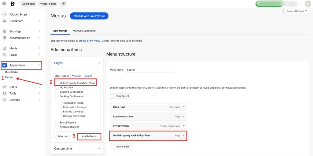 Screenshot of the BNBForms booking widget menu settings.