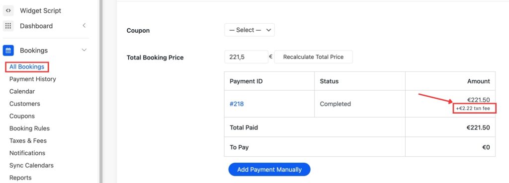 Screenshot of transaction fee in booking details.