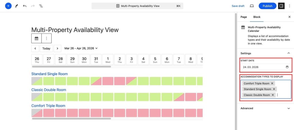 Screenshot of BNBForms multi-property calendar block settings.