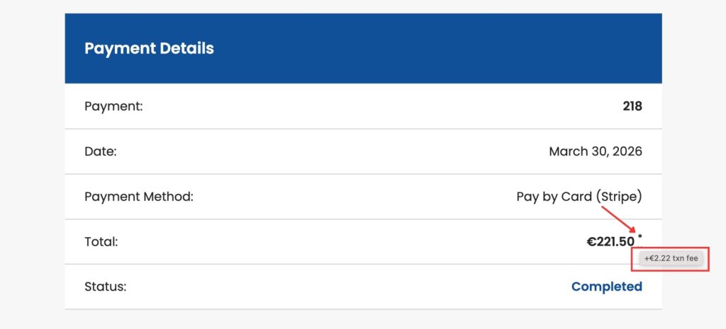 Screenshot of payment details about transaction fee.