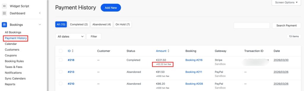 Screenshot of transaction fee in payment history BNBForms.