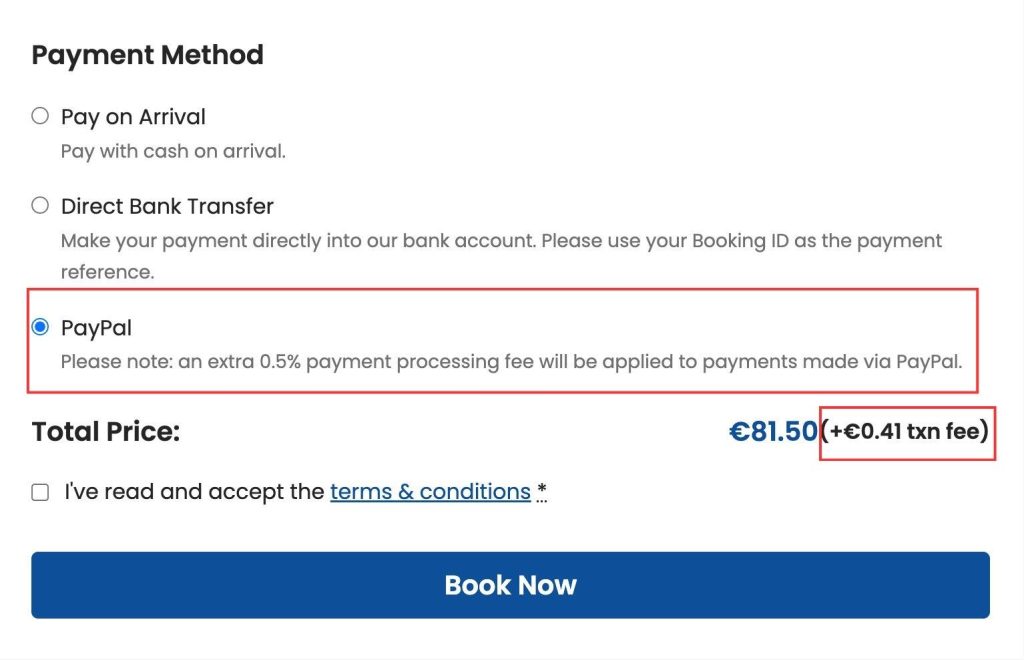 Screenshot of the transaction fee info at checkout.