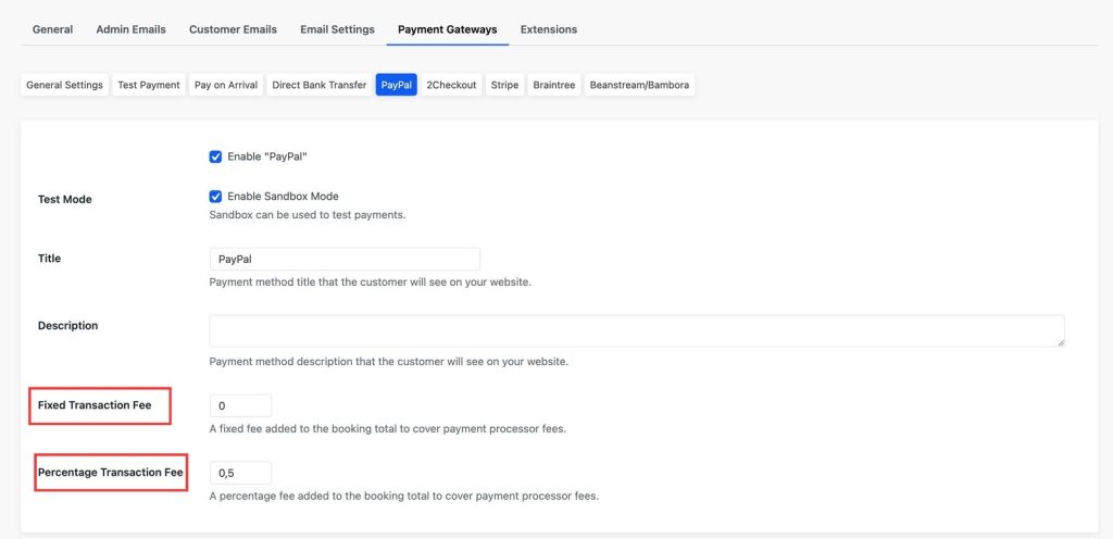 Screenshot of BNBForms payment transaction fee settings.
