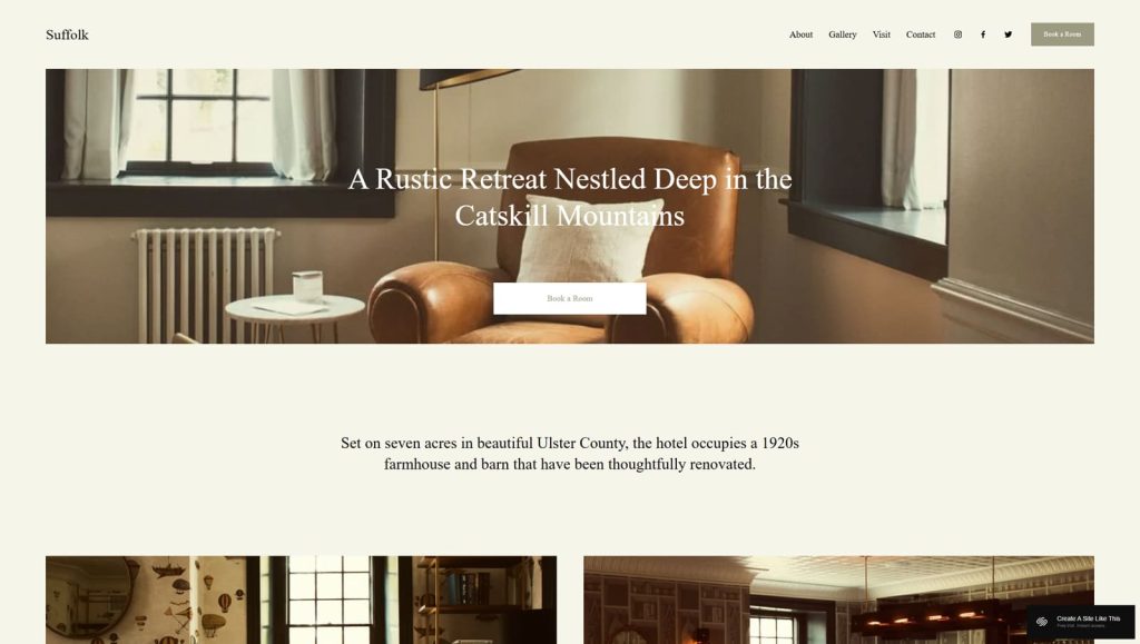 Graphic of Suffolk, a rustic retreat Squarespace template with a configurable booking form.