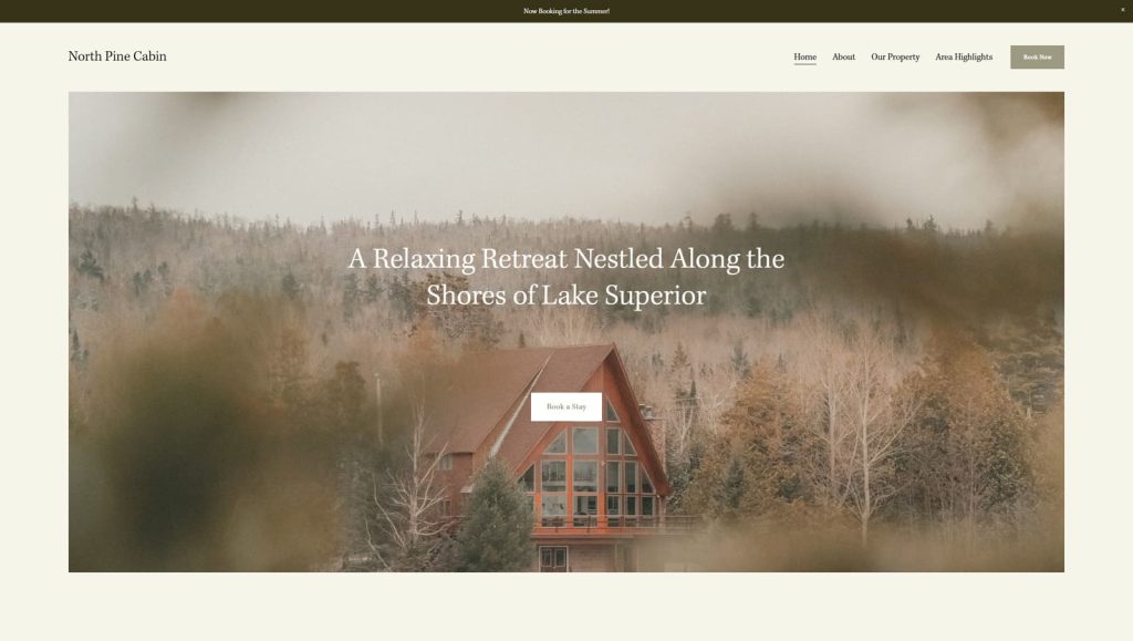 Portrait of North Pine Cabin, a Squarespace vacation rental template with a sticky menu for easier navigation.