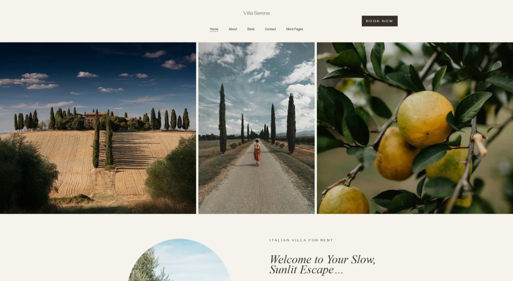 View of Serena, a Squarespace vacation rental template with blog and gallery pages.