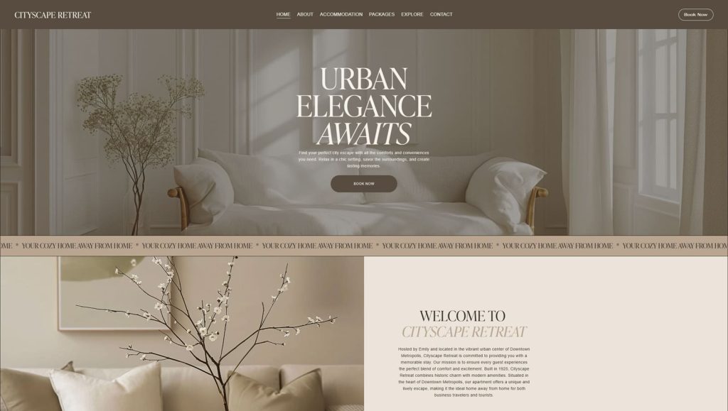 Image of Cityscape Retreat, a Squarespace vacation rental template with an integrated Google Maps block.