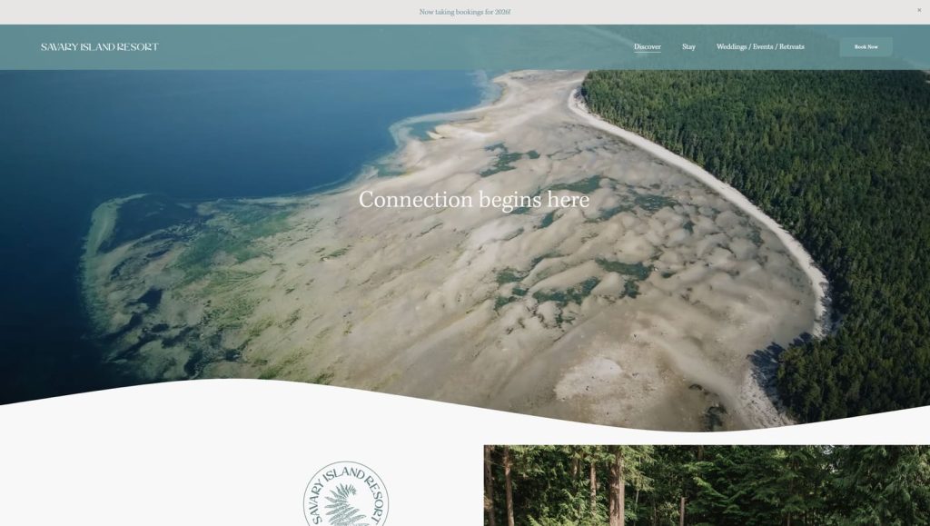 Representation of Savary Island Resort, a notable inspiration for many Squarespace STR websites with full-width page layouts.