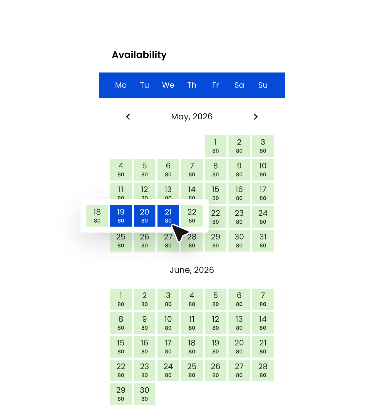 Avaialbility calendar for a property in the vacation rental booking widget for website.