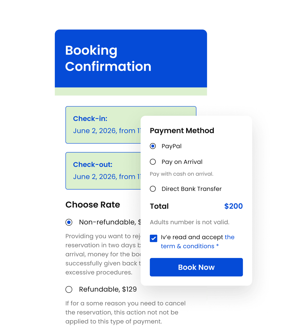 A checkout page example if the BNBForms vacation rental booking widget.