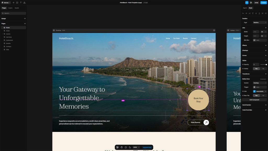 Photograph of the Framer page builder interface with an imported website template.