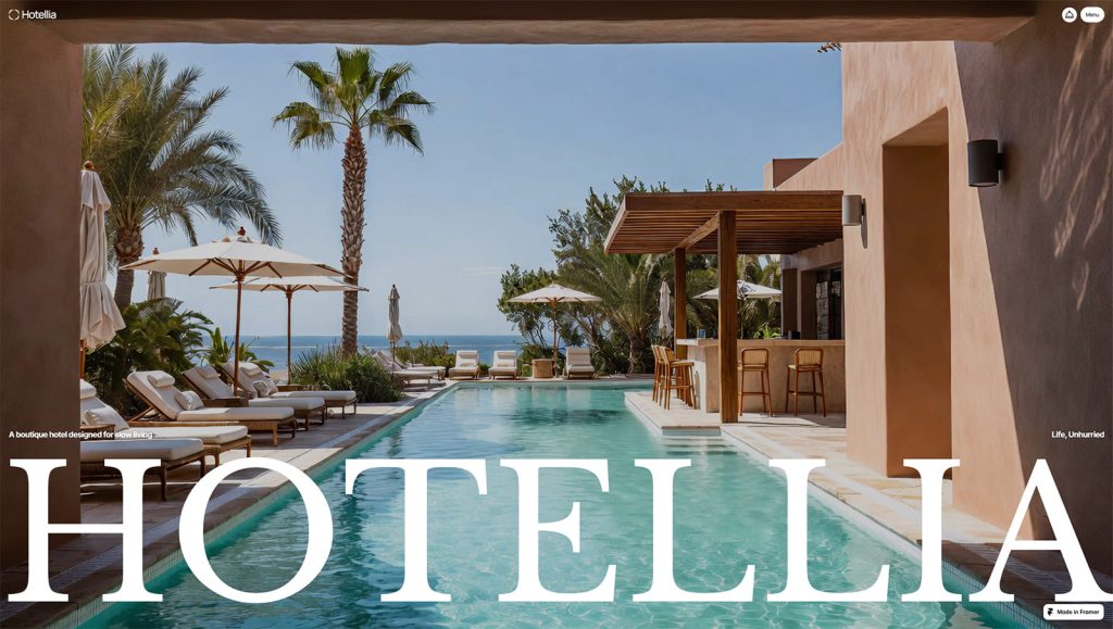 Visual of the Hotelia website template used for a Framer hotel website.