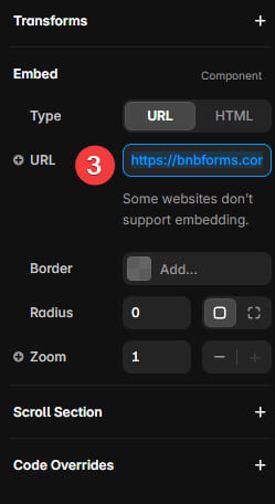 Snapshot of Embedded component settings in its URL mode applied to a Framer hotel website.