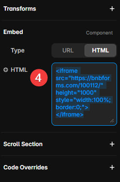 View of Embedded component settings in its HTML mode with inserted iFrame code.