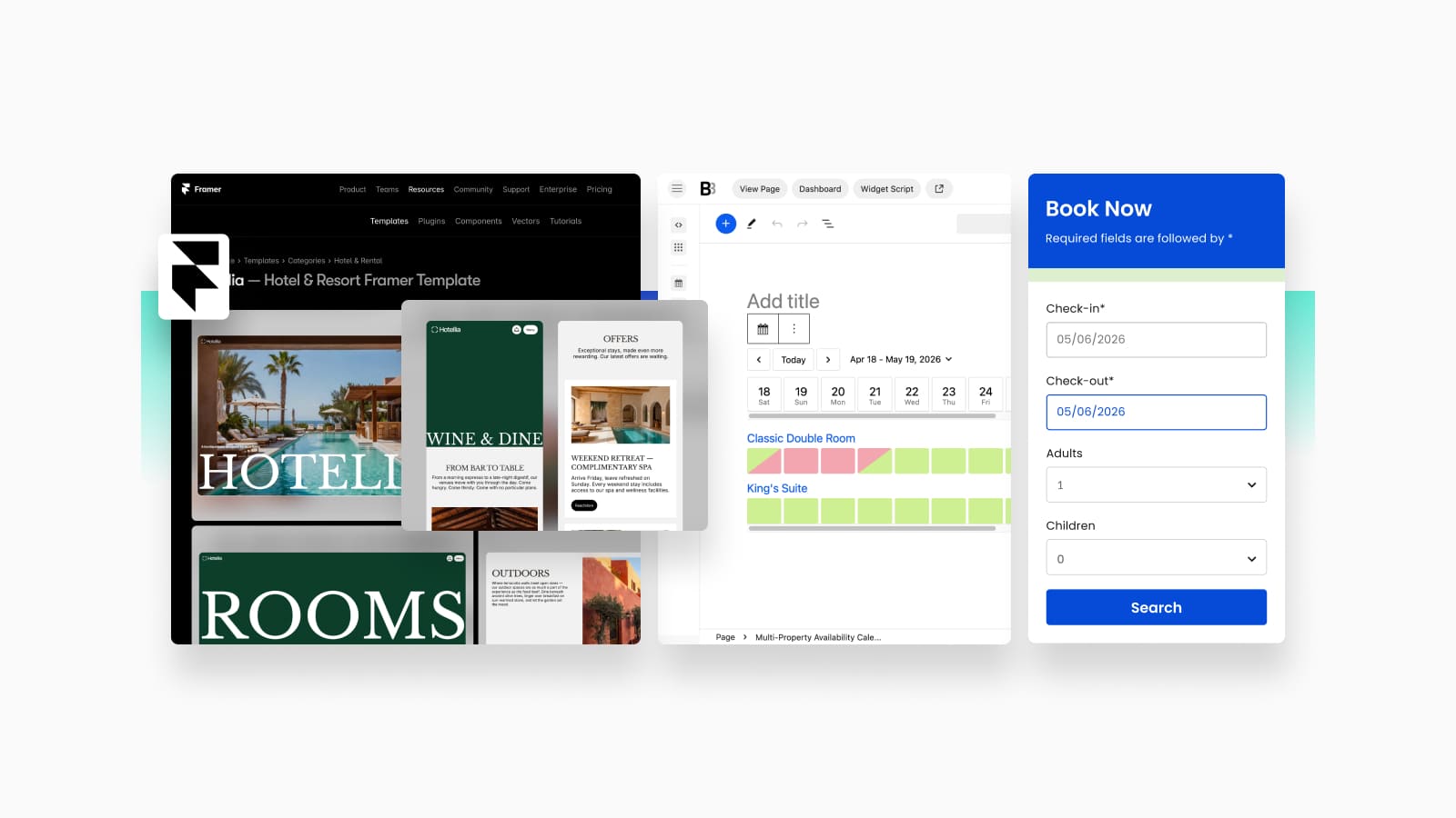 Featured image of Framer hotel website combined with BNBForms booking software functionality.