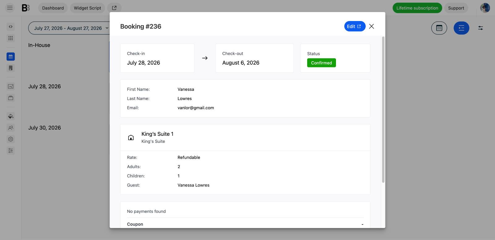 Edit booking screen in the property management dashboard in BNBForms.