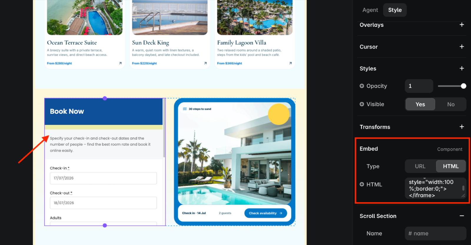 HTML embed for booking widget in Framer.