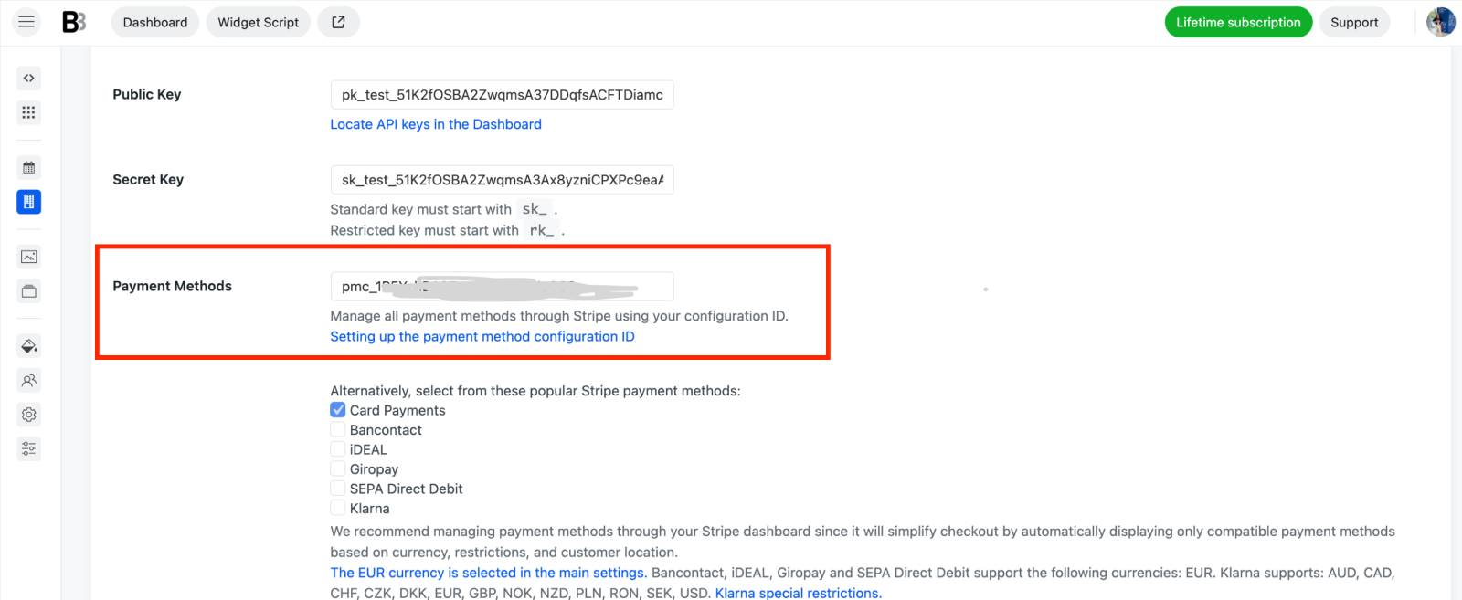 Stripe configuration ID in BNBForms.