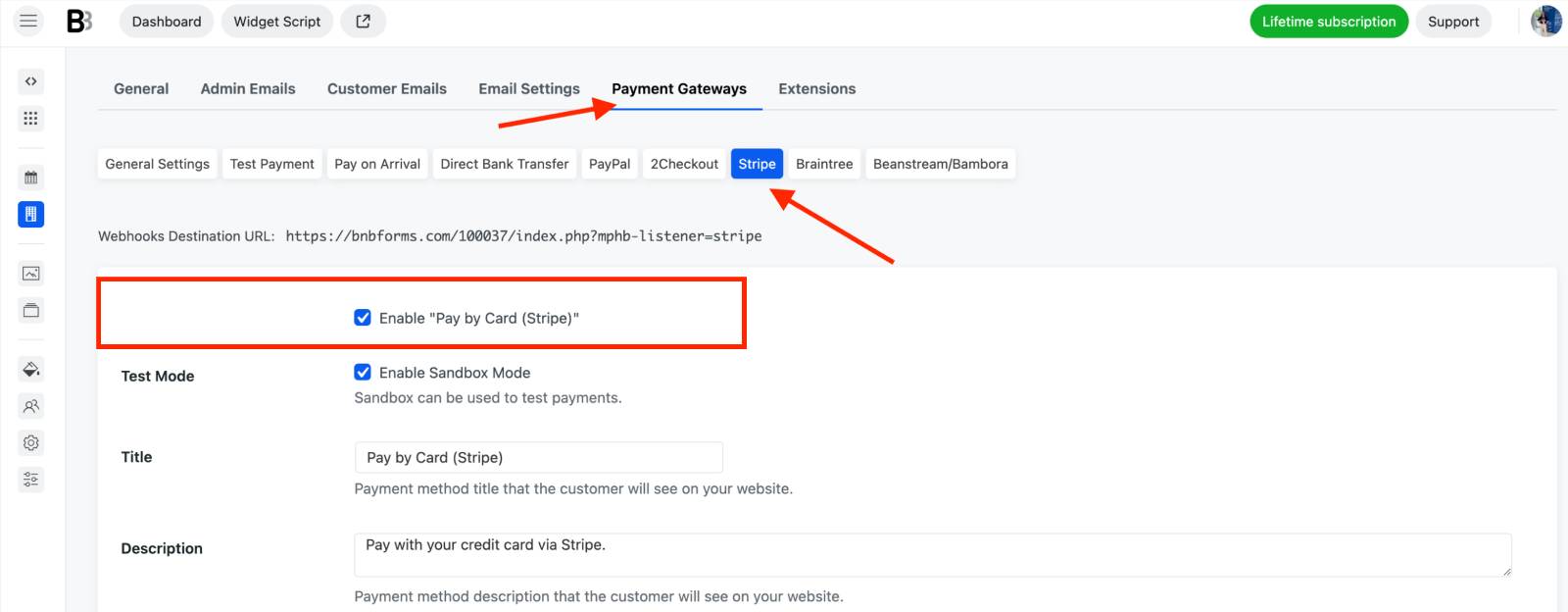 Stripe in BNBForms.