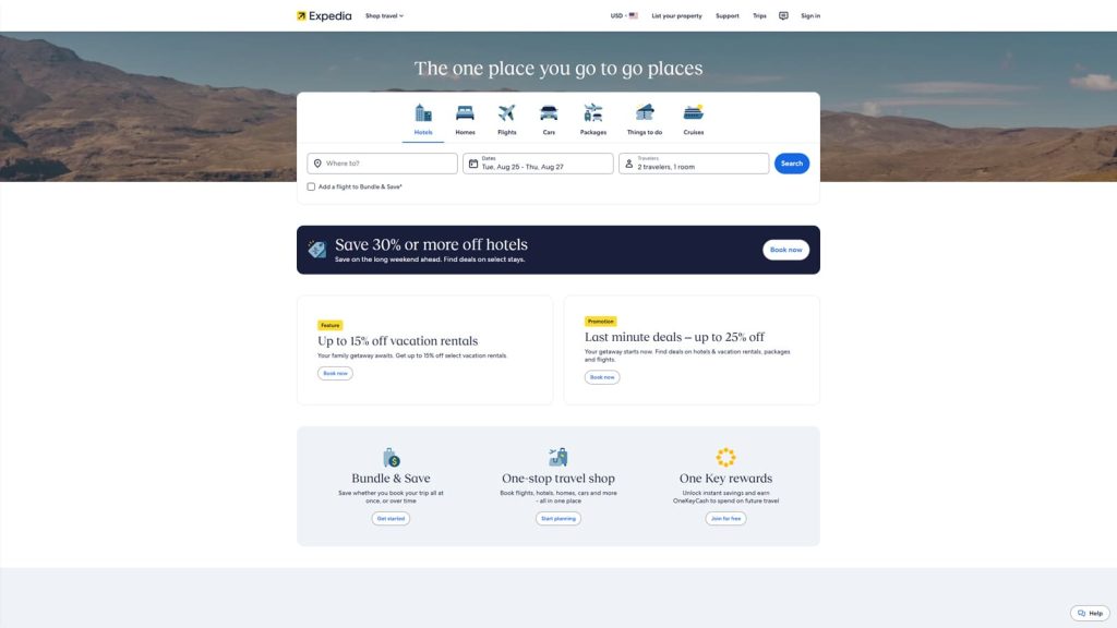 Graphic of Expedia, a flexible platform for property rentals with diverse & global vacation rental listings.