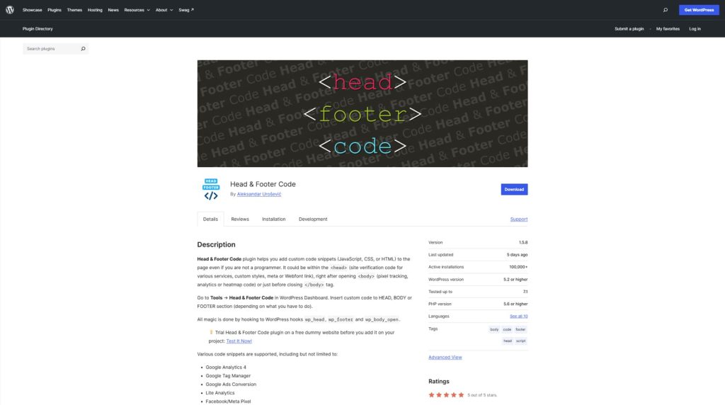 Visual of Head & Footer Code plugin.