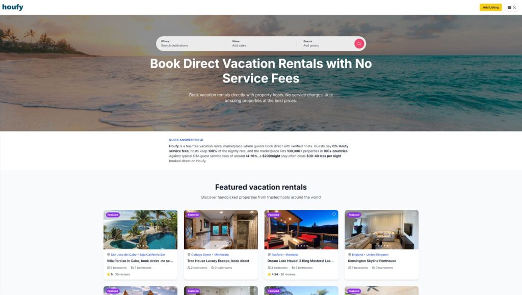 Illustration of Houfy, a platform where to list rental property with direct communication between hosts and guests.
